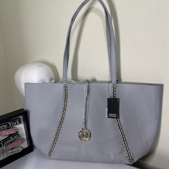 Badgley Mischka Handbags - Badgley Mischka Gray Leather Chain Embellished Tote